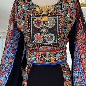 Palastian Thob, Beaded Black Thobe with heavily Blue Satin trim Comes With Belt